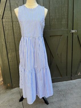 J Crew tiered, sleeveless, midi dress. Blue + White Striped.